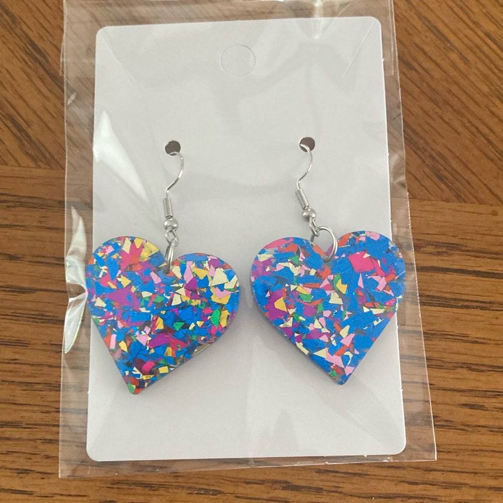 Sparkly Blue Heart Earrings.